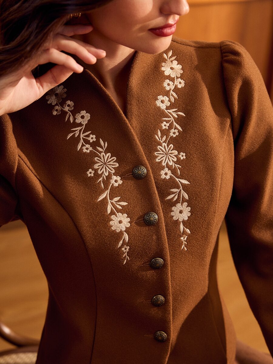 Vintamour Women's Floral Embroidered Long Sleeve Single-Breasted Overcoat - Brown - View 1