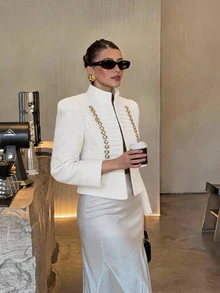 Silquee Women's Double-Breasted Long Sleeve Elegant Fashion Jacket - White - View 2