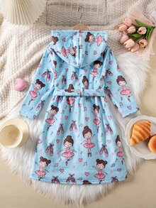 SHEIN 秋冬針織雙面法蘭絨連帽長袖芭蕾女孩熱銷可愛圖案藍色數位印花布料舒適柔軟親膚保暖單件睡袍居家服 - 藍色 - 查看 2