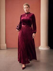 MOTF PREMIUM PLUS SIZE WOMEN'S AUTUMN/WINTER LEOPARD PRINT VELVET BELTED FLARED SKIRT - Burgundy - View 5