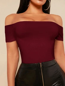 SHEIN SXY 女款露肩純色黑色連身衣套裝 - 酒紅色 - 查看 1
