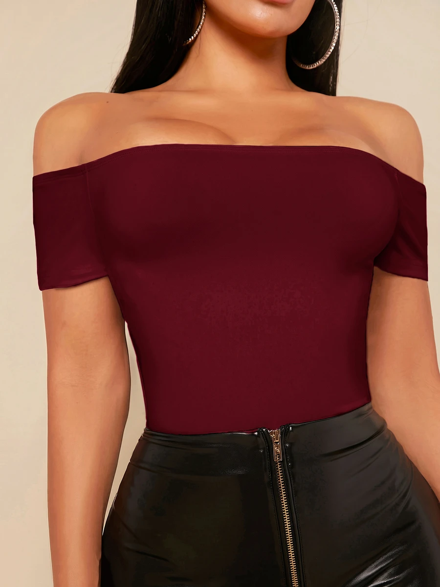 SHEIN SXY 女款露肩純色黑色連身衣套裝 - 酒紅色 - 查看 1