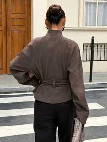 Muchica Women's Solid Color Waist Tie Casual Versatile Daily Long Sleeve Jacket - Brown - View 2
