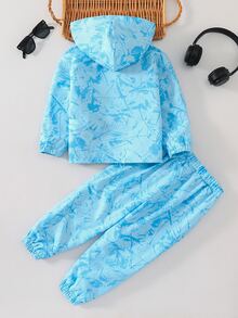 SHEIN Young Boy Allover Print Kids Letter Patched Half Zip Hooded Jacket & Tapered Pants Set - Multicolor - View 2
