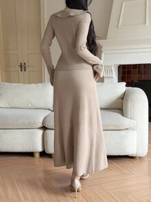 DAZY Women's Solid Color Ruffle Long Sleeve Top And Skirt Knit 2 Pieces Set - Apricot - View 2
