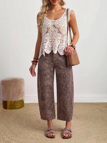 SHEIN PETITE 女款動物印花口袋設計寬鬆休閒牛仔褲 - 摩卡棕 - 查看 8
