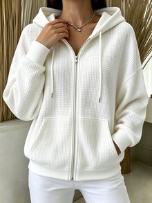 INAWLY Women's Solid Color Zipper Front Casual Drawstring Minimalist Versatile Sweatshirt - White - View 4