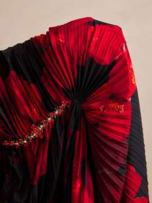 Travachic CURVE+ Red And Black Tie Dye One-Shoulder Long SleeveMaxi Dress, Pleated Ruched Body, Rhinestone Detail, Elegant Party Vacation Dress,Christmas Dress - Black - View 8