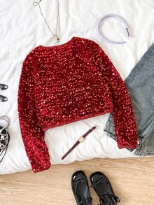 SHEIN Tween Girl Solid Color Long Sleeve Sequin Open Front Jacket, Autumn/Winter - Red - View 6