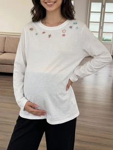 DAZY Embroidered Pattern Loose Long Sleeve Round Neck Casual Everyday Versatile Spring Autumn Maternity T-Shirt - White - View 4