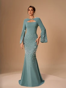 Serin Pearls Beaded Cut Out Front Trumpet Sleeve Mermaid Hem Mother Of The Bride Dress - Green - View 5