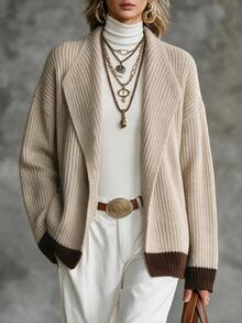 SHEIN Women's Vintage Contrast Color Lapel Long Sleeve Knit Cardigan - Apricot - View 4