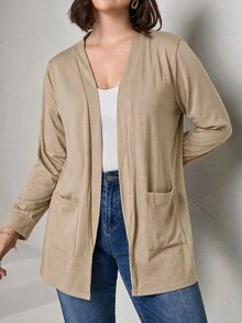 Chikora Plus Size Black Knit Pocket Loose Fit Cardigan With Pockets,Business Casual Woman Winter Fall Autumn - Camel - View 2
