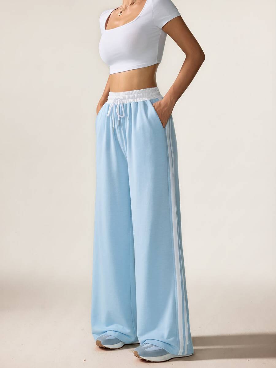 FavEase Drawstring Waist Contrast Side Seam Wide Leg Sports Pants - Blue - View 1