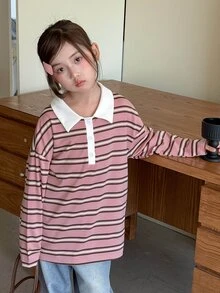 Dazy Kids Tween Girl Polo Collar Striped Drop Shoulder Long Sleeve Casual Loose Fit T-Shirt - Pink - View 7