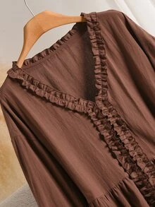 CosyJoli Plus Size Solid Frill Trim Flounce Sleeve Babydoll Blouse - Brown - View 4