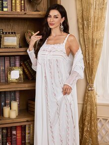 PalaceNights Vintage Palace Romantic Women's Robe + Camisole Long Nightgown 2 Pieces Set - White - View 3