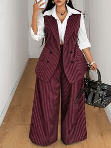 Mawevolt Plus Size Women's Button Striped Vest Jacket And Loose Long Pants Suit Set - Burgundy - View 3