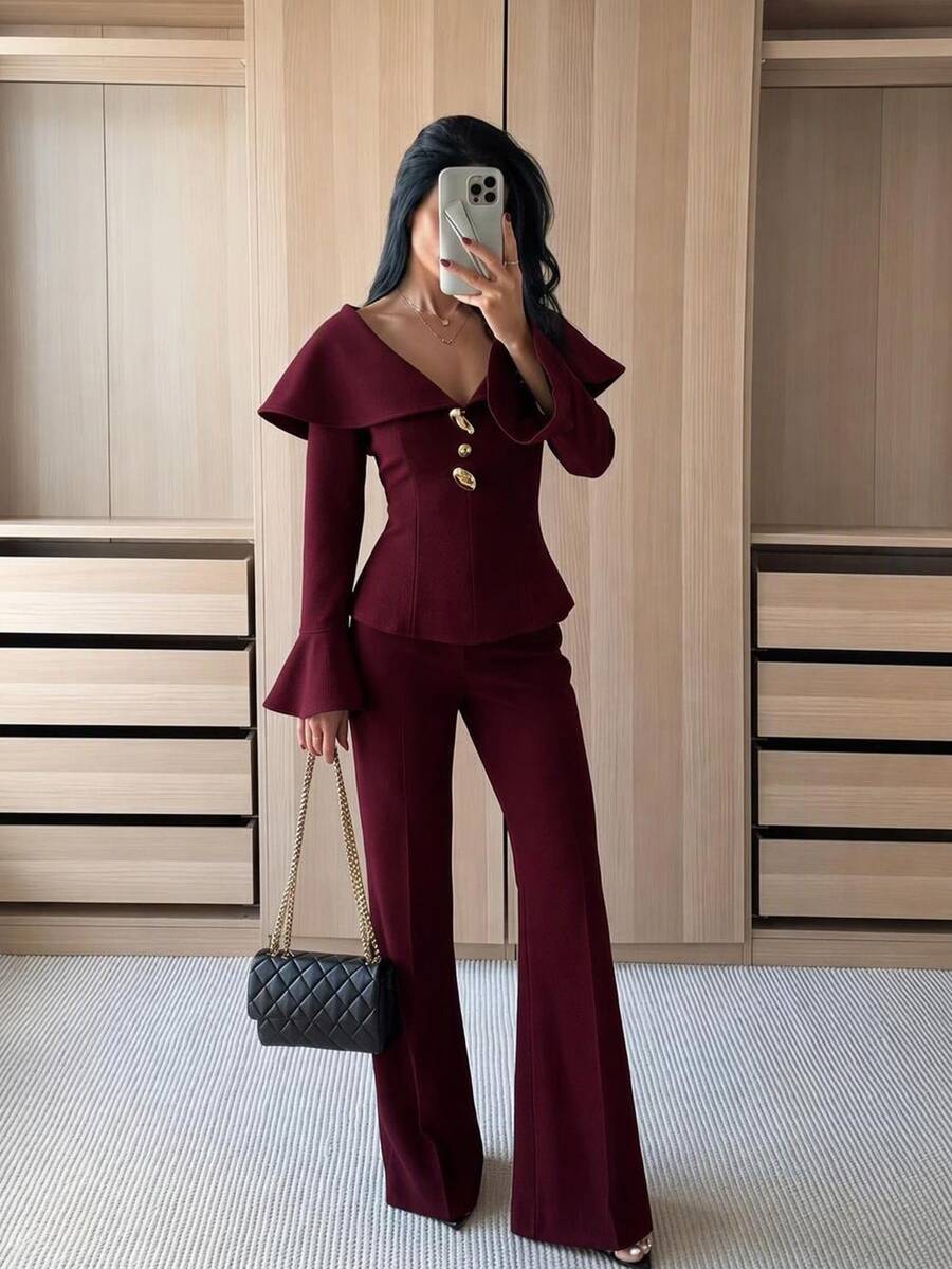 SHEIN SXY طقم بدلة أنيقة للنساء بياقة أزرار معدنية وأكمام جرسية وبنطال واسع - بني - مشاهدة 1
