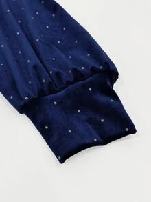 Linhara CURVE Plus Size Navy Blue Velvet Rhinestone Top, Square Neck Lace Trim Patchwork, Puff Long Sleeve Cinched Cinched Waist, Vintage Elegant Banquet Commute Base Layer - Navy Blue - View 6