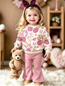 Baby Girl Autumn/Winter Cute Sweet Floral Butterfly Print Long Sleeve Crew Neck Sweatshirt And Flare Pants 2 Pieces Set, Cozy Fall & Winter Styles - Multicolor - View 3