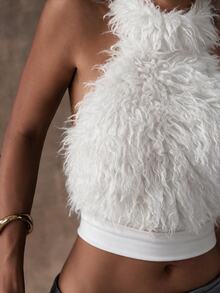 SHEIN Unity White Knitted Frill Halterneck Top Style Outfits Evening Fall Autumn Winter Coolgirl - White - View 7