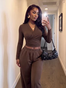 Slaydiva Women's Cross-Cut Cropped Long Sleeve Top And Elastic Waist Pants 2 Pieces Set - Brown - View 6