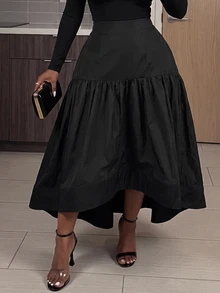 SHEIN CURVE+ Plus Size Women's Solid Color Pleated Casual Daily Skirt - Black - View 6