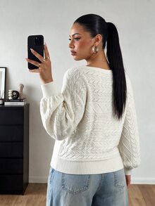 POPSWAY Plus Solid Boat Neck Lantern Sleeve Pointelle Knit Sweater Winter - Beige - View 2