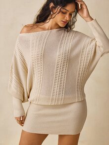 Nubod Plus Size Women Solid Color Fashion One Shoulder Hollow Knit Dress - Apricot - View 3