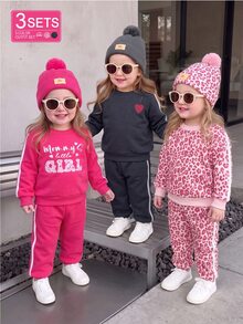 SHEIN Playful Pals 6件組幼兒女嬰女童衛衣+長褲套裝，可愛甜美粉色玫瑰灰色豹紋愛心條紋，長袖圓領常規款，派對秋季穿搭 - 粉色 - 查看 8