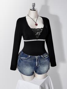 SHEIN ICON Plus Size Y2K Lace Patchwork V-Neck Long Sleeve Inner Top - Black - View 6