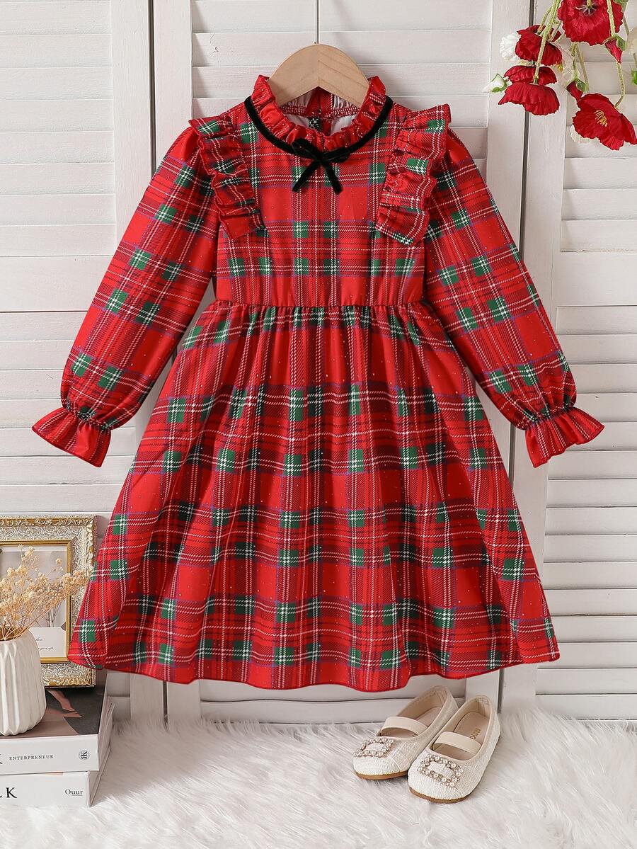 SHEIN Vintaside Kids 女童聖誕紅色格紋長袖洋裝,荷葉邊飾邊與黑色蝴蝶結設計,A字版型節日派對洋裝 - 紅色 - 查看 1