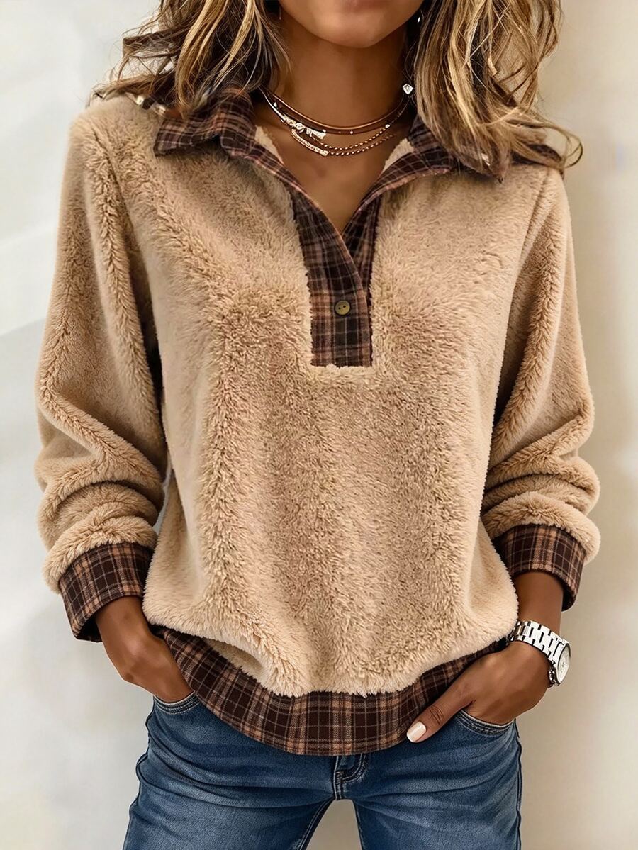 SHEIN Women's Plush Plaid Patchwork Button Half-Zip Sweatshirt - Apricot - View 1