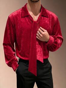 ZURIURI Men's Velvet Ribbon Mature Vibe Vintage Drape Burgundy Long Sleeve T-Shirt - Burgundy - View 4