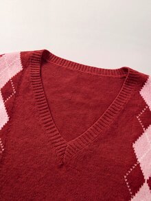SHEIN V領菱格紋提花針織長袖落肩寬鬆套頭上衣 - 紅色 - 查看 8