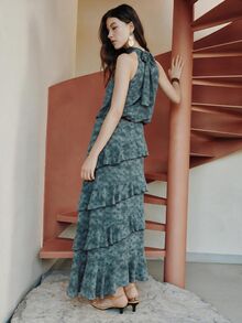 Nöista Vestido largo con cuello halter y volantes en la falda. - Neblina azul - Ver 2