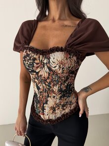 Firerie A Vintage Corset Top With Jacquard Frill Trim, Front Hook-And-Eye Closure, Back Lace-Up Open Back, Bust-Shaping Corset For Women, Halloween Party Out - Coffee Brown - View 7