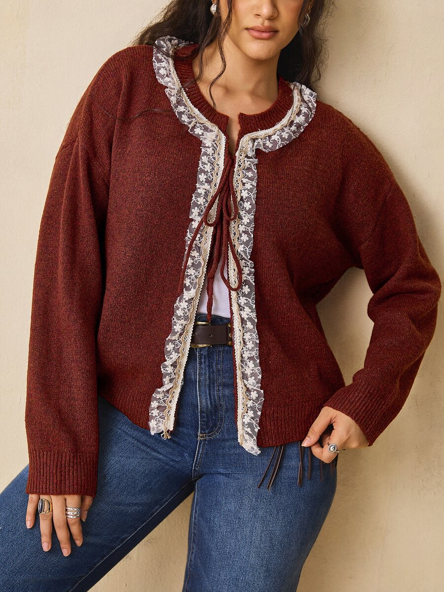 Nubod Plus Size Women's Lace Patchwork Casual Daily Cardigan - Brown - View 1
