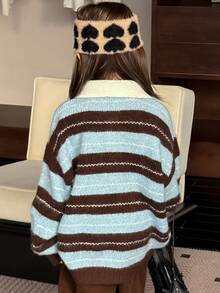 Hapijoa Sweater Lengan Panjang Kasual Harian Motif Blok Warna untuk Anak Perempuan Remaja - Coklat - View 2