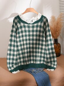 CosyJoli Plus Size Women's Patchwork Hollow Embroidery Stand Collar Houndstooth Raglan Long Sleeve Casual Pullover Sweater - Multicolor - View 3