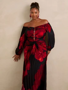 Travachic CURVE+ Red And Black Tie Dye One-Shoulder Long SleeveMaxi Dress, Pleated Ruched Body, Rhinestone Detail, Elegant Party Vacation Dress,Christmas Dress - Black - View 1
