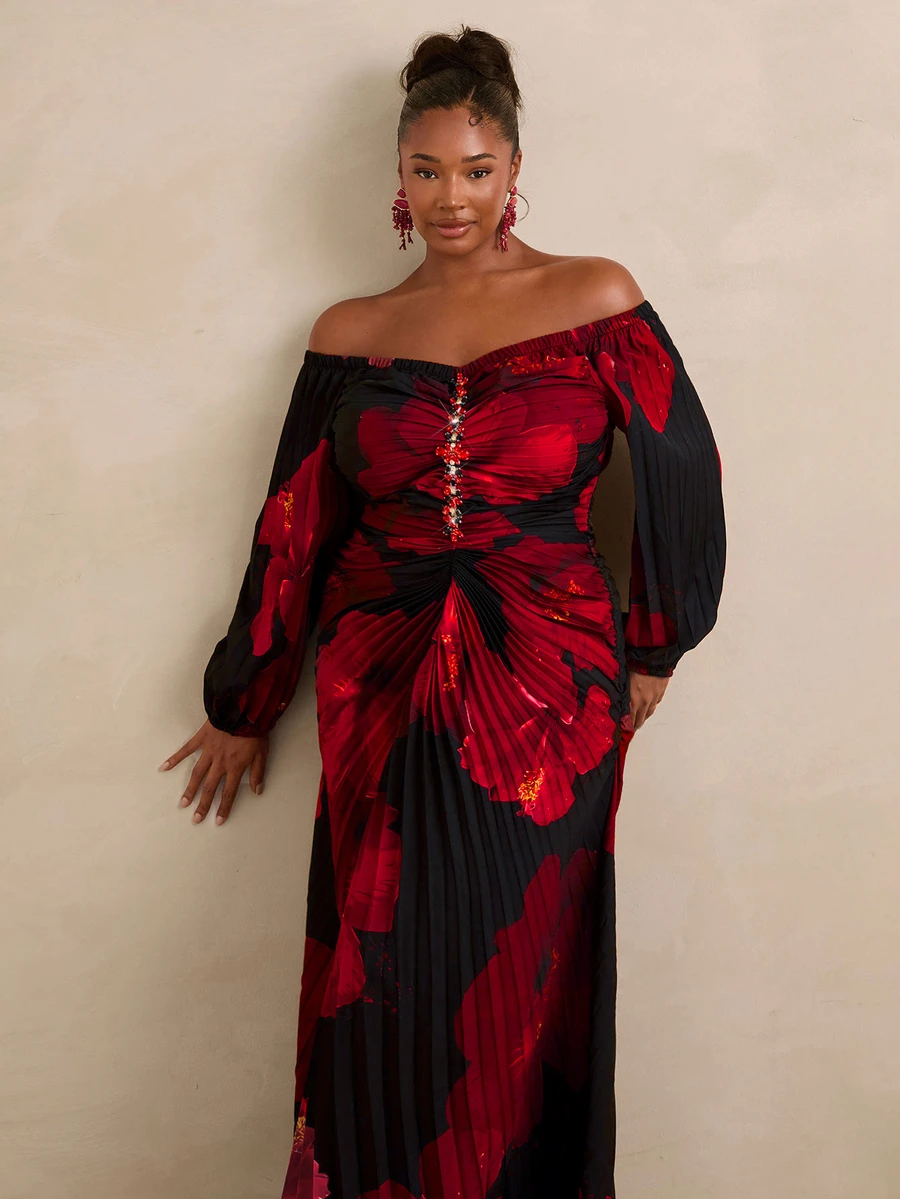 Travachic CURVE+ Red And Black Tie Dye One-Shoulder Long SleeveMaxi Dress, Pleated Ruched Body, Rhinestone Detail, Elegant Party Vacation Dress,Christmas Dress - Black - View 1