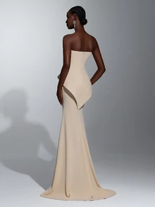 Elitara Elegant Minimalist Khaki Sequin Embroidered Patchwork Knit Tube Top 2 In 1 Mermaid Tail Skirt With Train, Suitable For Formal Occasions And Evening Gowns - Khaki - View 3