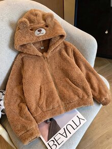 Tween Girl Cartoon Bear Embroidered Plush Hooded Jacket - Brown - View 4