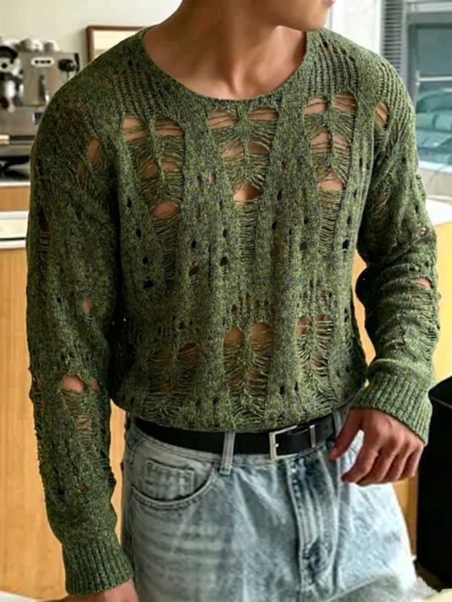 Claim Dot Men Solid Ripped Drop Shoulder Sweater, For Fall, Long Sleeve Top Goth,Y2k,Streetwear - Army Green - View 1