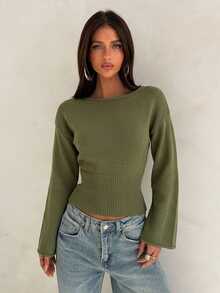 Aloruh Women's Solid Color Casual Daily Wear Long Sleeve Sweater - Green - View 4
