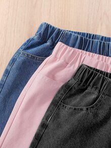 SHEIN 3件組青少年女孩百搭寬腿牛仔褲，寬鬆舒適休閒長褲，適合學校、校園、大學時尚，秋冬穿搭 - 彩色 - 查看 4