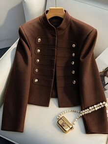 SHEIN Franclia Women's French Vintage Court Style Stand Collar Short Wool Jacket, Double-Breasted Gold Button Design Long Sleeve Slim Fit Tweed Blazer - Brown - View 3