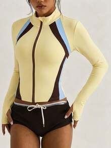 SHEIN Sports Women's Colorblock Outdoor Zip-Up Long Sleeve Sports T-Shirt - Multicolor - View 4